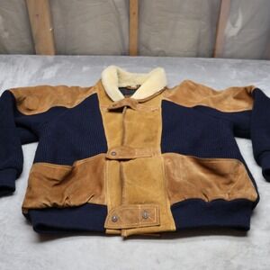 Games Jacket Mens Small Brown Casual Leather Games Shearling Knit Bomber VTG 70s